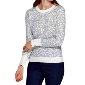 a new day Women's XXL Grey White Cheetah Print Crew Neck Long Sleeve Pullover